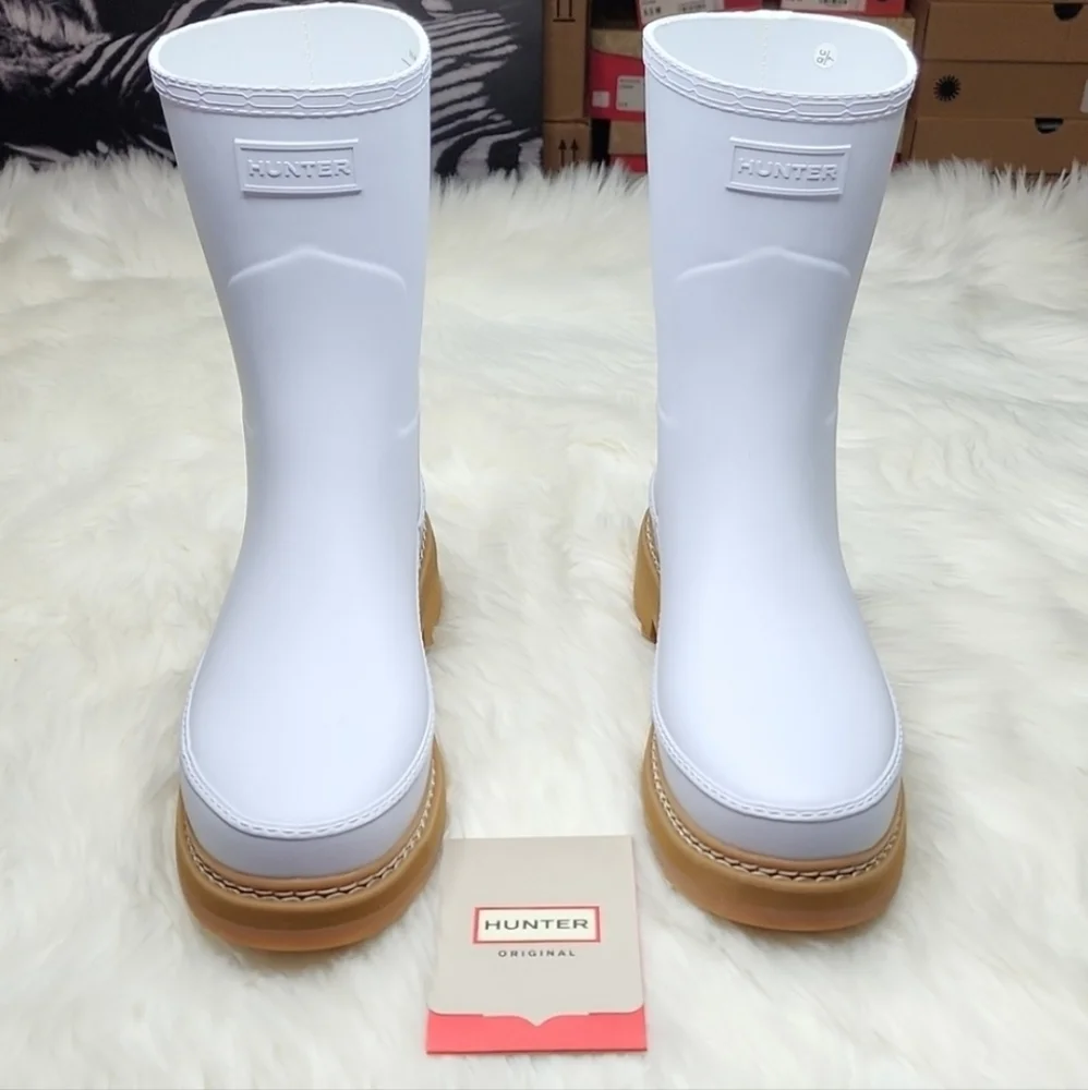 Hunter Refined Short Stitch Detail Wellington Boots Spurrey White Tan